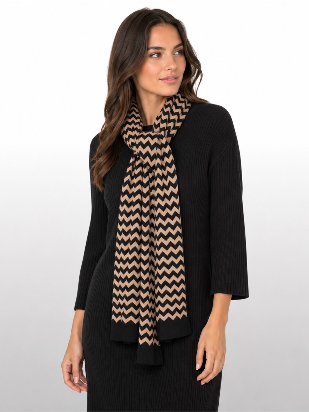 Talbots Black Tan Chevron Knit Scarf Soft Neutral Geometric Zigzag